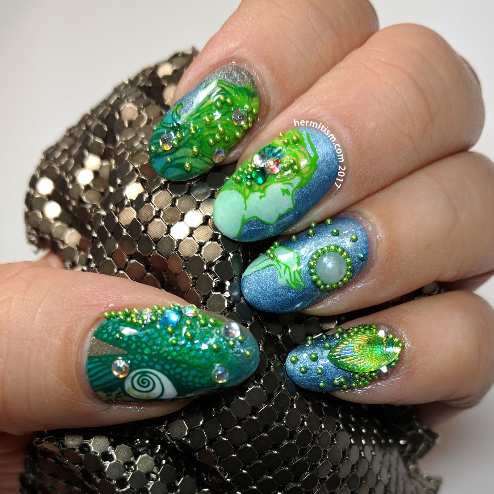 Mermaid's Treasure - 30 Days of Color - Hermit Werds - a bling mermaid mani with pearls and caviar beads.