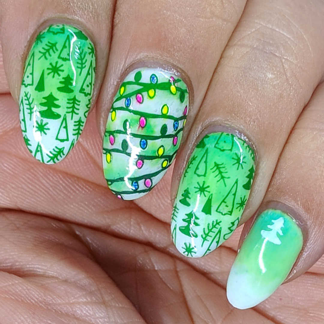 Trees and Lights - Beauty BigBang Review - Hermit Werds - neon green background with pine tree and string light stamping