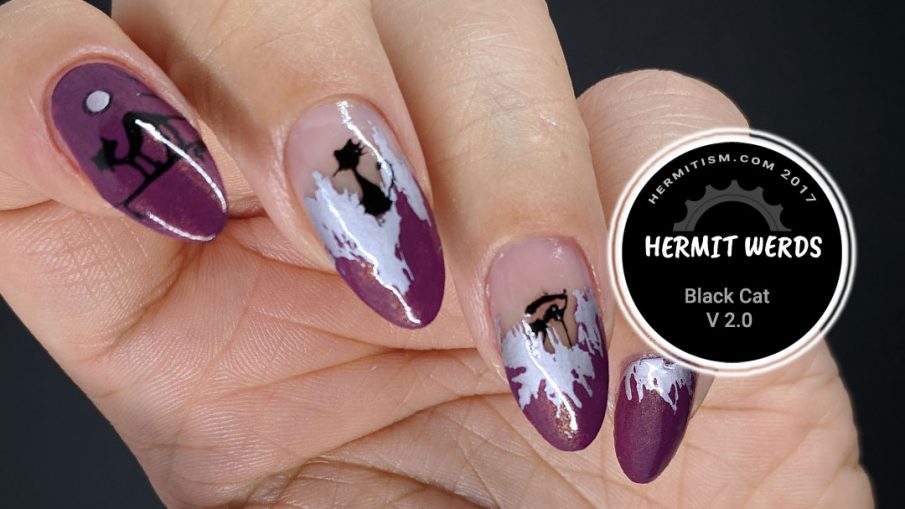Black Cat v 2.0 - Hermit Werds - negative space nails in purple and silver with scrappy black cats