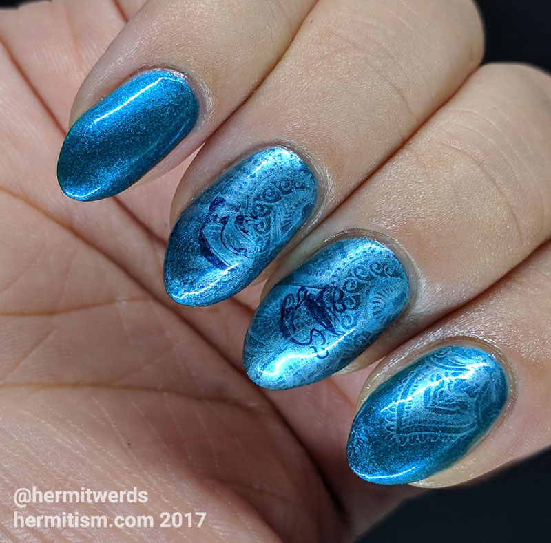 Coffee Blues - Hermit Werds - blue henna stamping with coffee stamping on top