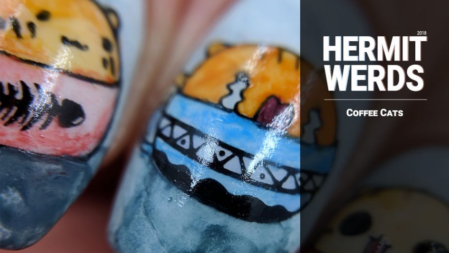 Coffee Cats - Hermit Werds - watercolor nail art of little cats in coffee mugs and a rodent sipping a cup of coffee