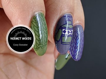 Cozy Sweater - Hermit Werds - a desaturated purple and green mani with sweater knit texture stamping