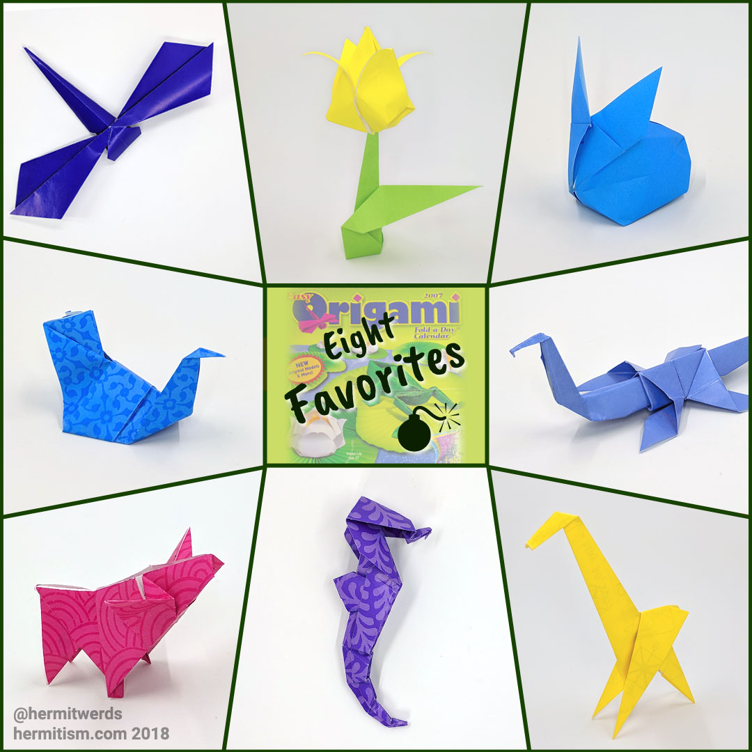 #DailyOrigami2007 - 8 Best Models - Hermit Werds - Origami models of the eight best origami models: dragonfly, tulip, bunny, bird, dinosaur, pig, seahorse, and giraffe