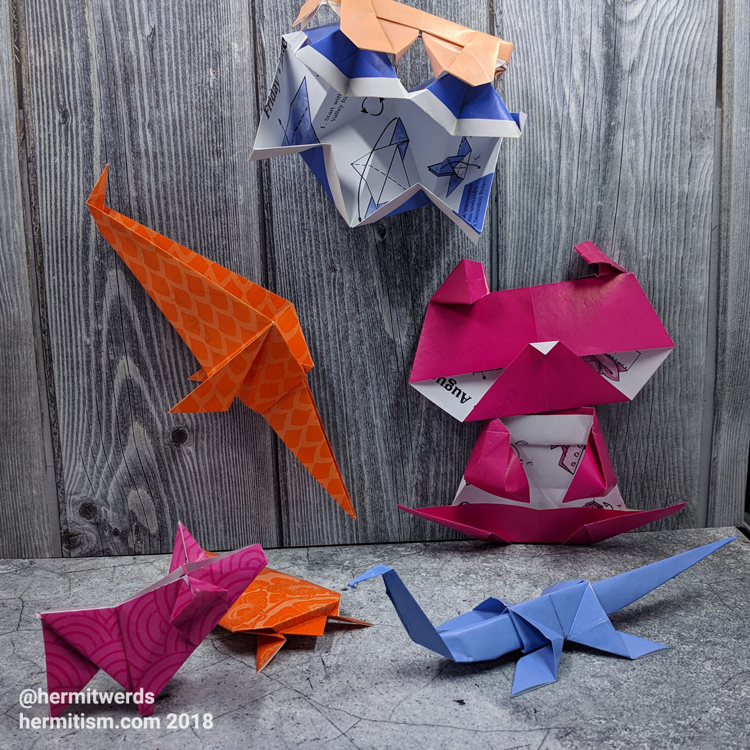 #DailyOrigami2007 - Hermit Werds - origami models: sunglasses, clam, swordfish, panda, pig, turtle, and dinosaur