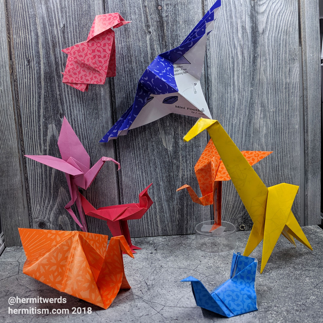 #DailyOrigami2007 - Hermit Werds - origami models: chick, hummingbird, flamingo, roadrunner, ostrich, giraffe, turkey, and paloma