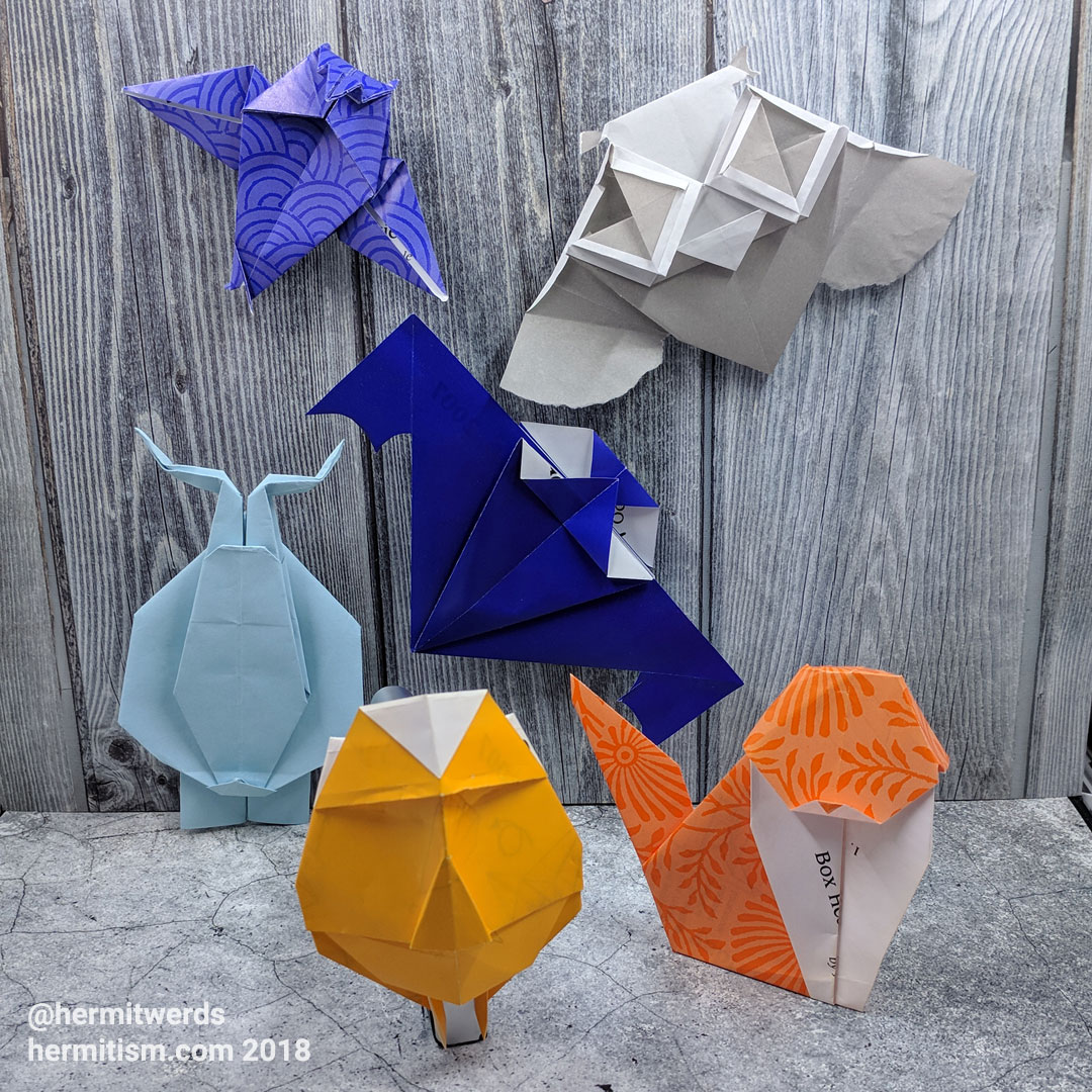 #DailyOrigami2007 - Hermit Werds - origami models: two owls, bat, reindeer, Dracula, and cat
