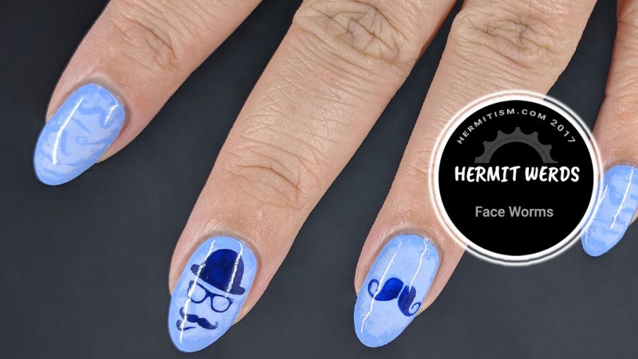 Face Worms - Hermit Werds - periwinkle mustache background with darker blue emo mustache stamping