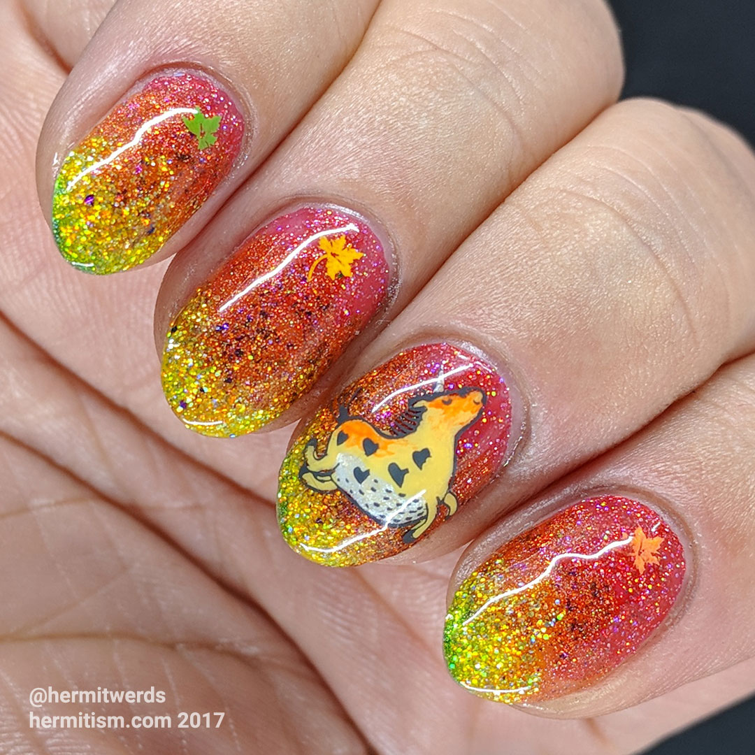 Unicorn of Fall - Hermit Werds - plump fall unicorn mid-leap on holographic autumn-colored gradient background