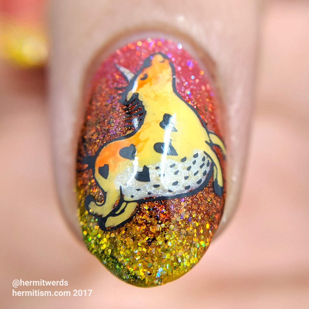 Unicorn of Fall - Hermit Werds - plump fall unicorn mid-leap on holographic autumn-colored gradient background