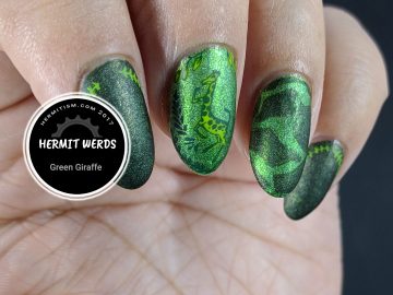 Green Giraffe - Hermit Werds - holographic green mani with a giraffe and green giraffe animal print