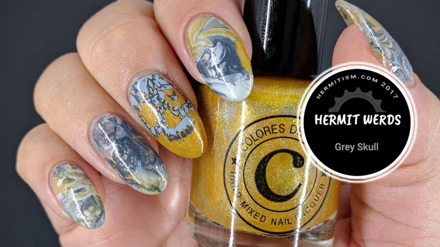 Grey Skull - Hermit Werds - gold and grey water marble with double stamped skull