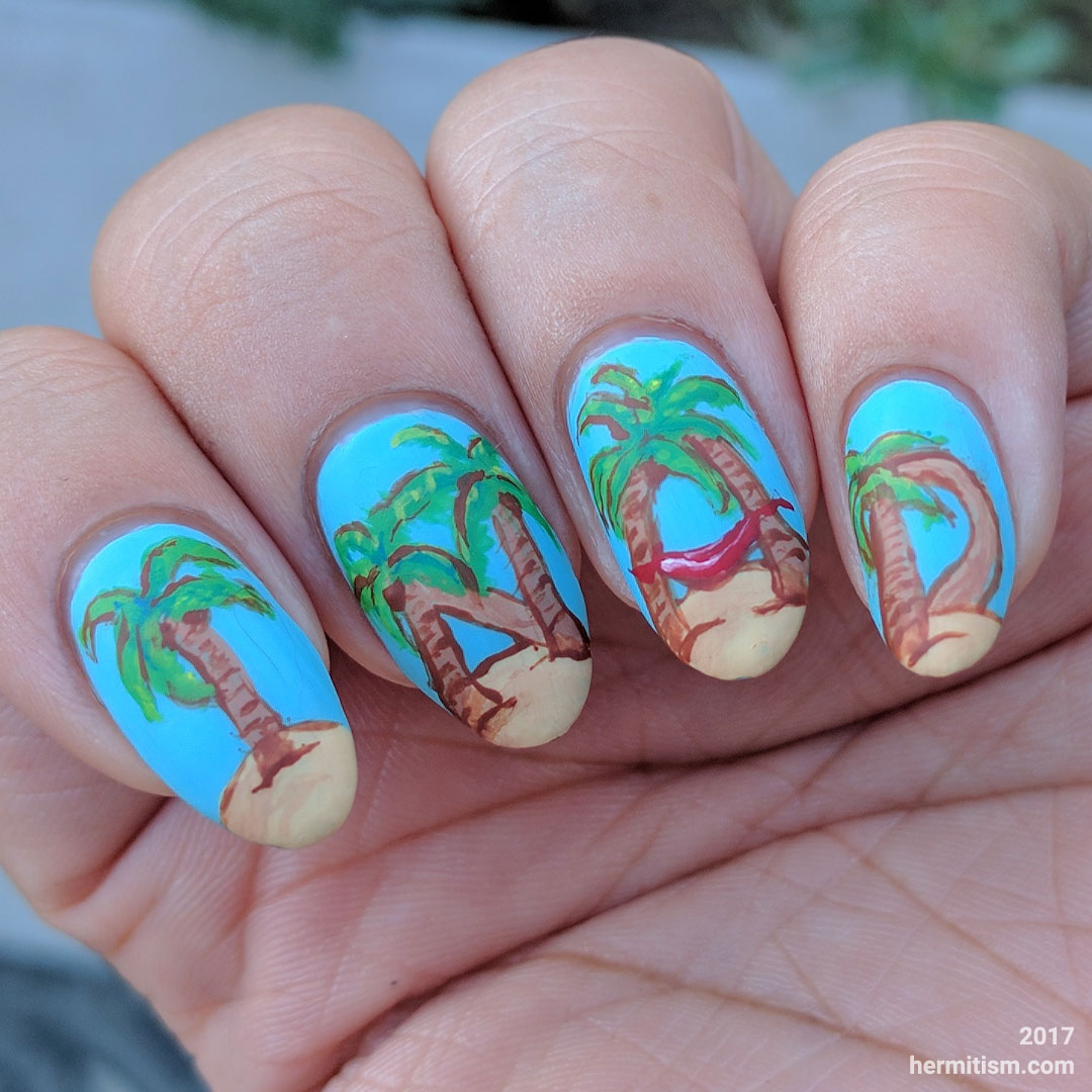 Palm Tree INAD (International Nail Art Day) - Hermit Werds - Freehand painted palm trees spelling INAD