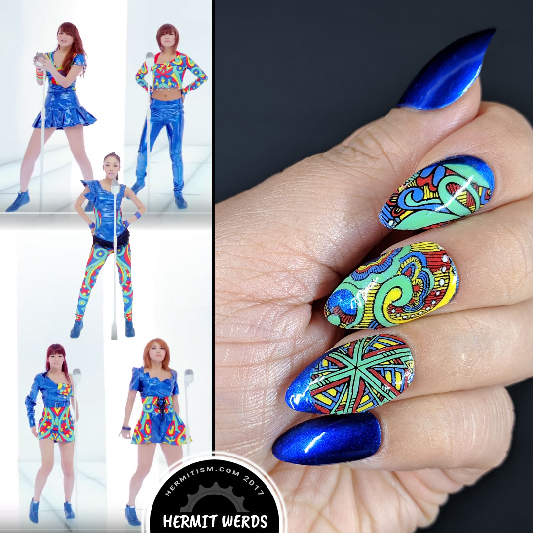 KARA's "Step" - Hermit Werds - nail art based off of KARA's crazy colorful outfits in the music video Step