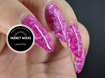 Lacey Pink - Hermit Werds - pond manicure with pink polish and lace stamping