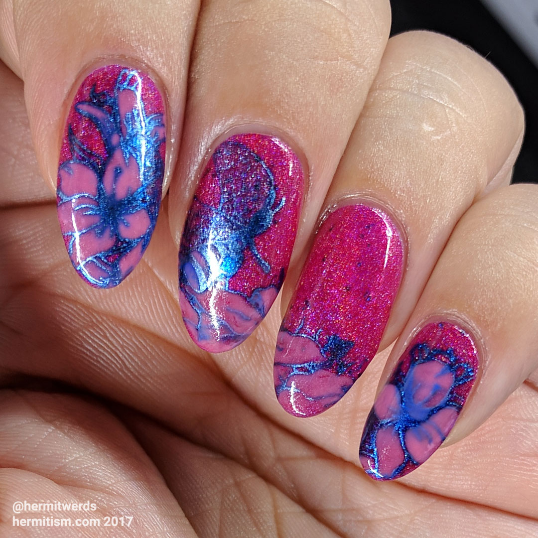 Lady of the Bees - Hermit Werds - pink holographic nails with a lady bee gathering nectar from flowers