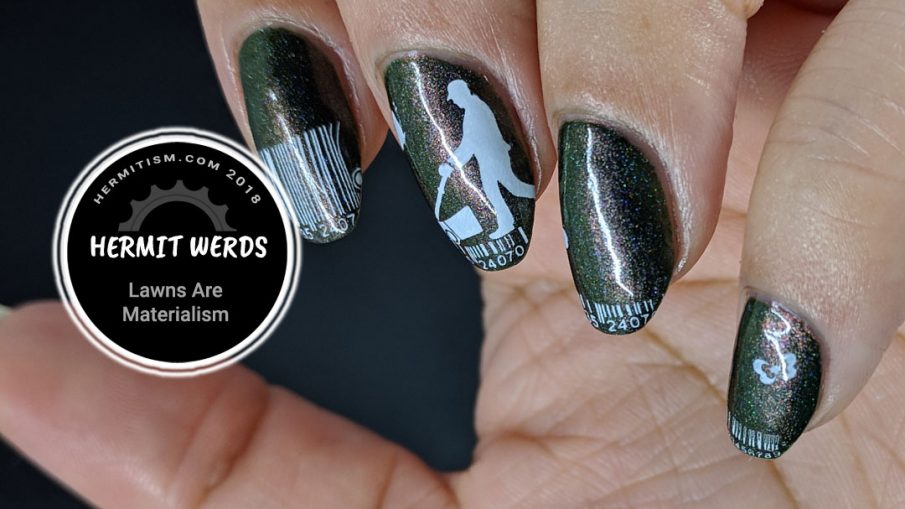 Lawns Are Materialism - Hermit Werds - green duochrome polish with barcode lawn mowing images