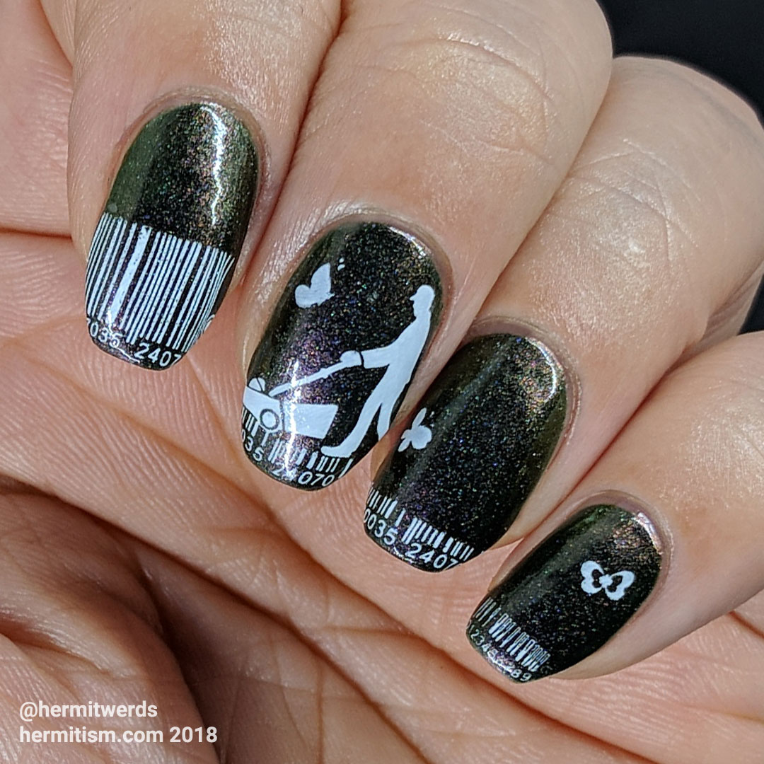 Lawns Are Materialism - Hermit Werds - green duochrome polish with barcode lawn mowing images
