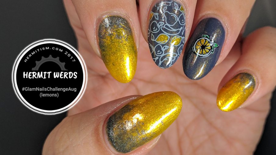 Lemons First - Hermit Werds - Yellow and grey manicure featuring glass fleck lemons
