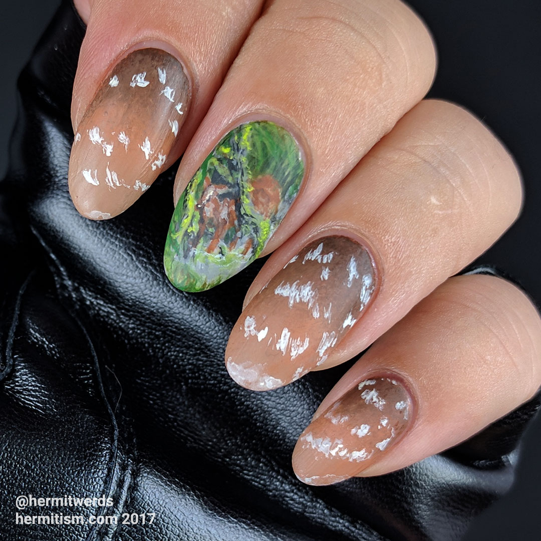 Mighty Jungle, Mighty Deer - Hermit Werds - Freehand painted brocket deer in the jungle accent nail with fawn pattern
