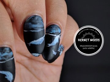 Swimming with the Narwhales - Hermit Werds - handpainted narwhales swimming against a black arctic background