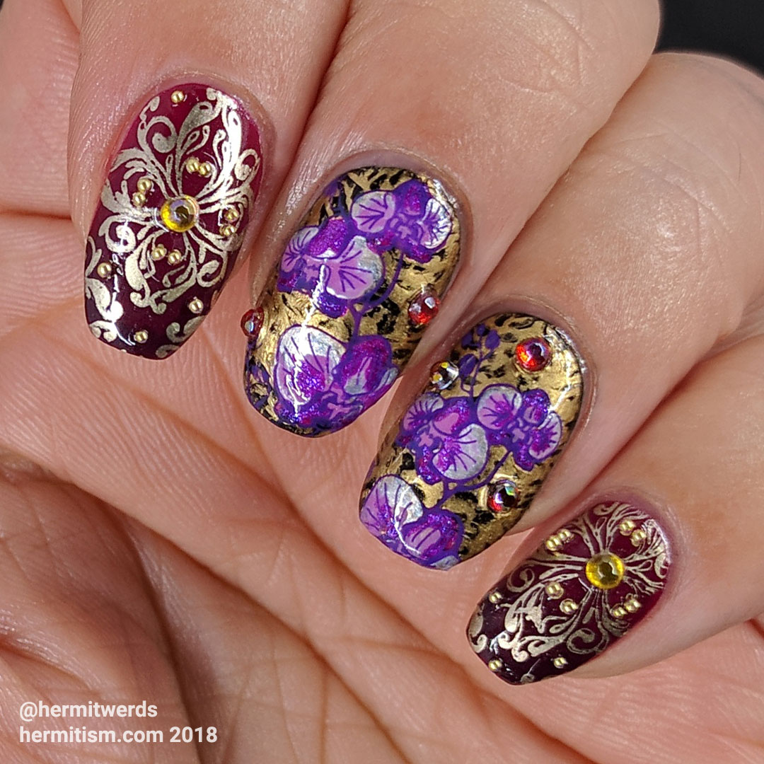 Orchid Damask - Hermit Werds - gold and purple damask pattern decorated with rhinestones and caviar beads and magenta orchids