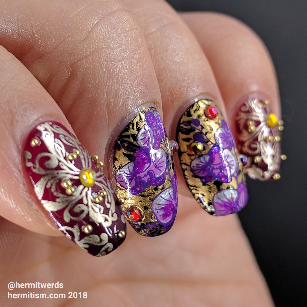 Orchid Damask - Hermit Werds - gold and purple damask pattern decorated with rhinestones and caviar beads and magenta orchids