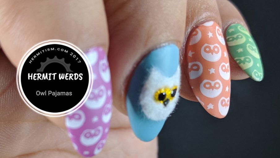 Owl Pajamas - Hermit Werds - cute owl print on colorful nails with one larger flocked owl