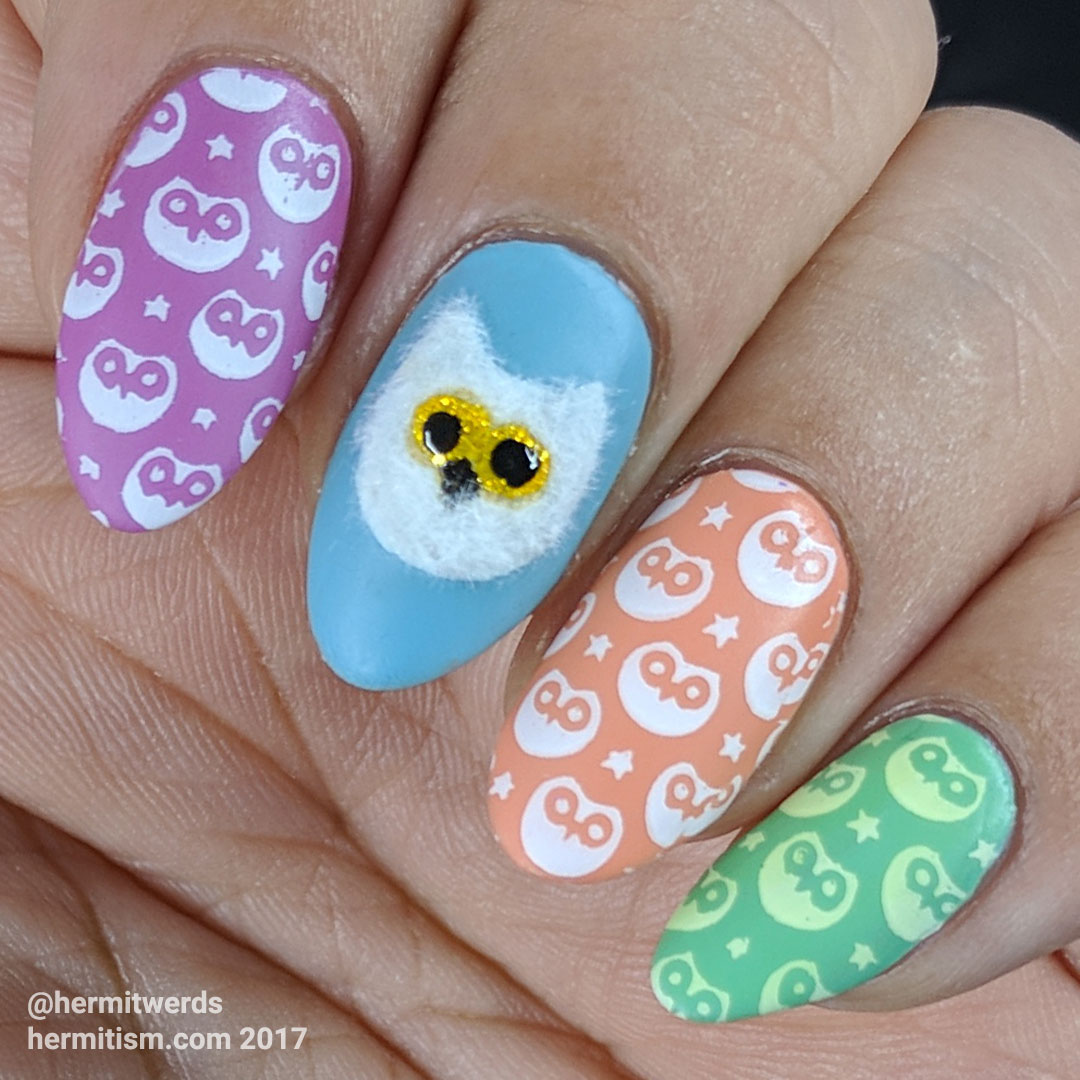 Owl Pajamas - Hermit Werds - cute owl print on colorful nails with one larger flocked owl