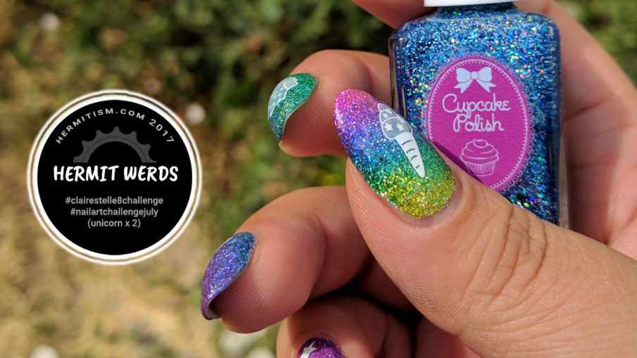 Rainbow Holo Glitter Unicorn - Hermit Werds - rainbow glitter nail art featuring a starry unicorn and unicorn food