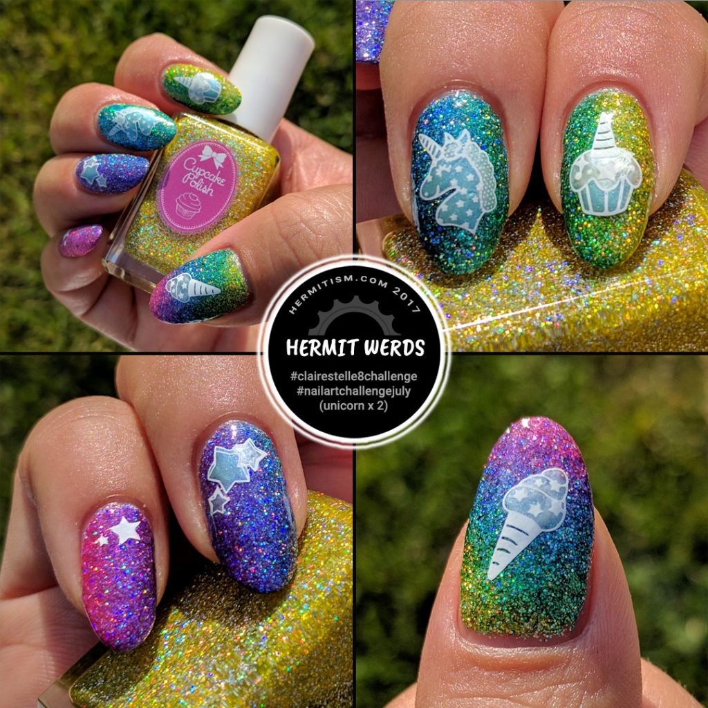 Rainbow Holo Glitter Unicorn - Hermit Werds - rainbow glitter nail art featuring a starry unicorn and unicorn food