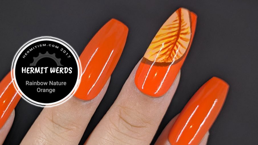 Rainbow Nature - Orange - Hermitwerds - orange monochrome nails with leaves