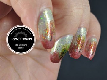 The Brilliant Trees - Hermit Werds - lovely holographic green and red background with water decal trees on top