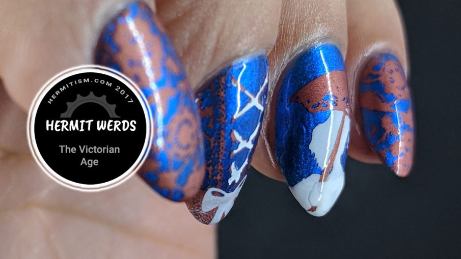 The Victorian Age - Hermit Werds - blue and copper Victorian-style nail art with corset and lady with a parasol