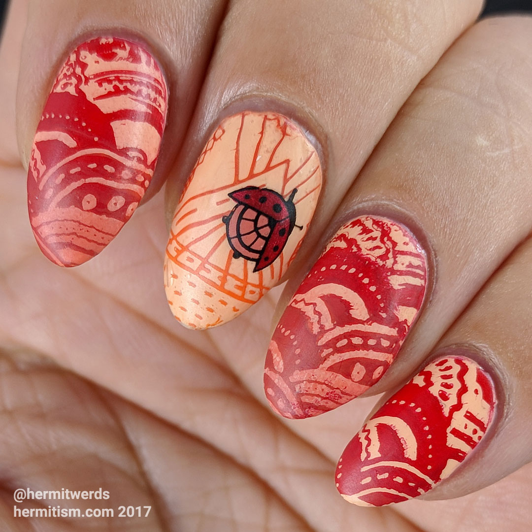 War of the Ladybugs - Hermit Werds - red ladybug stamping on a light orange background