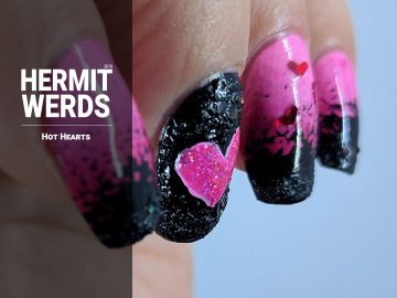 Hot Hearts - Hermit Werds - a pink gradient and black texture polish design with heart sequins and holo