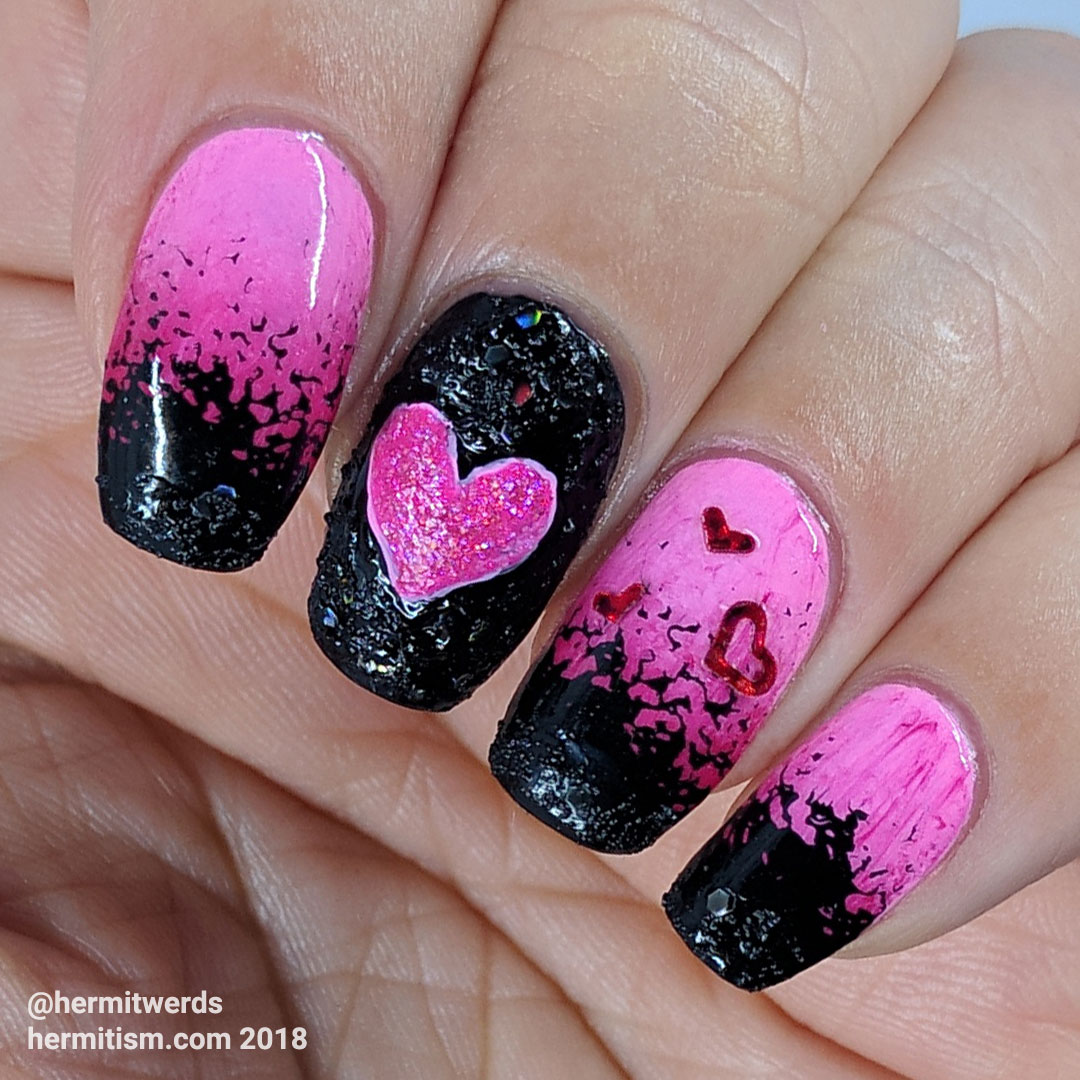 Hot Hearts - Hermit Werds - a pink gradient and black texture polish design with heart sequins and holo