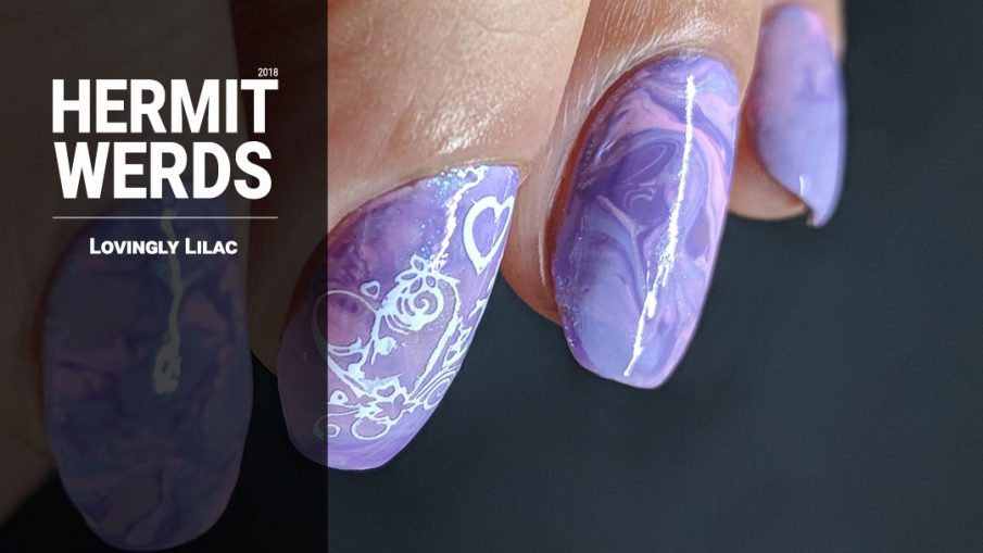 Lovingly Lilac - Hermit Werds - a pink and lilac smoosh marble with a white heart design stamped on top