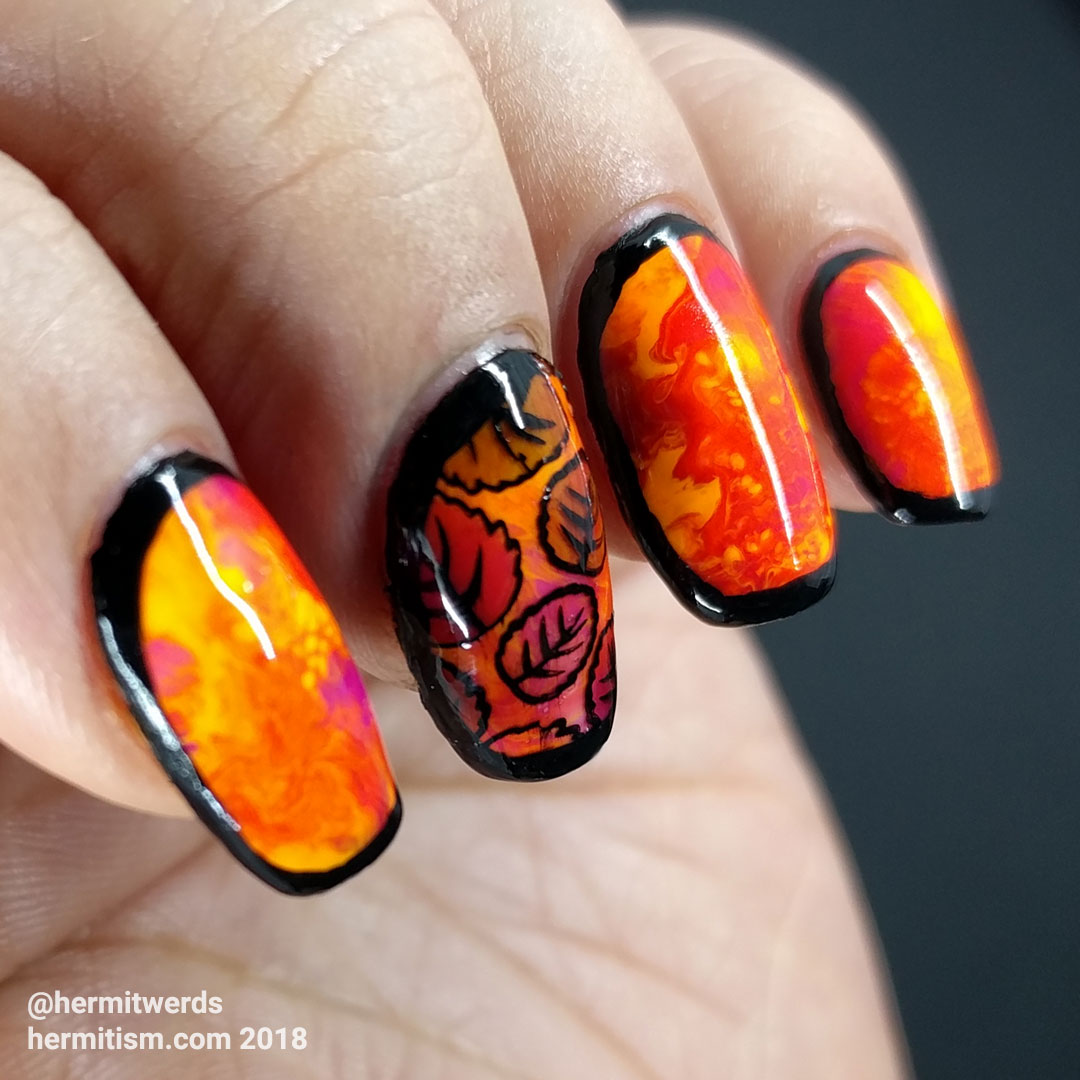 Neon Leaves - Hermit Werds - neon smoosh nails outlined in black with an accent nail stamped with leaves