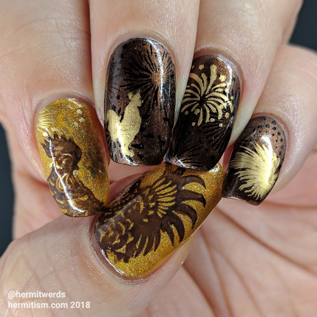 Rooster Revisited - Hermit Werds - Year of the Rooster nail art done in golds, browns, and yellows