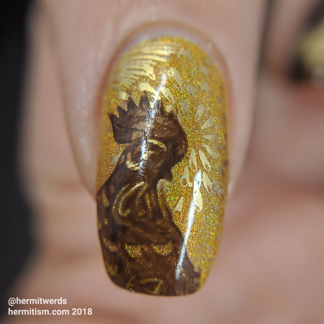 Rooster Revisited (macro) - Hermit Werds - Year of the Rooster nail art done in golds, browns, and yellows