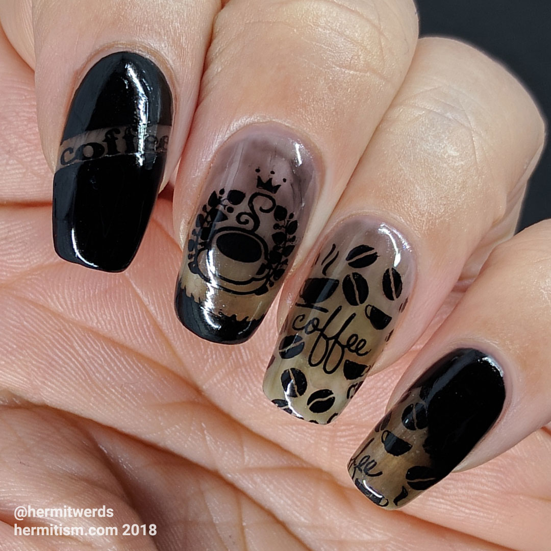 Black Coffee - Hermit Werds - coffee themed black jelly nails covered with black stamping and masked off areas filled with black