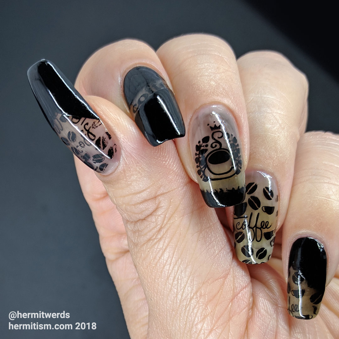 Black Coffee - Hermit Werds - coffee themed black jelly nails covered with black stamping and masked off areas filled with black