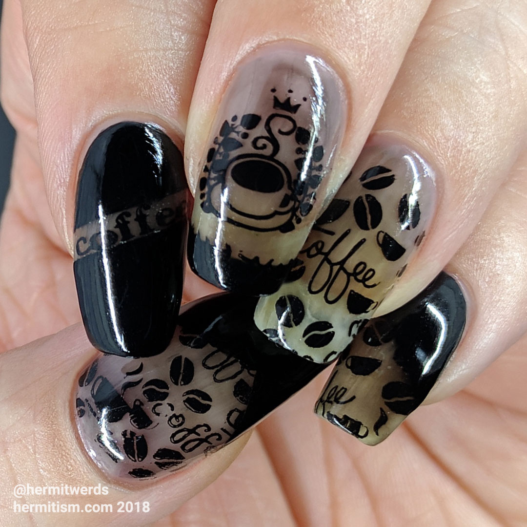 Black Coffee - Hermit Werds - coffee themed black jelly nails covered with black stamping and masked off areas filled with black