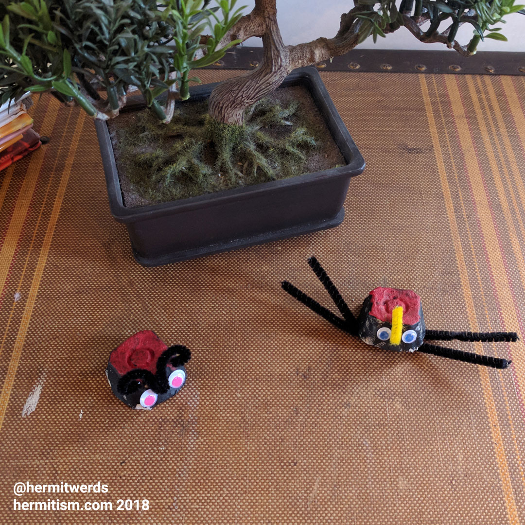 Egg Carton Critters - Hermit Werds - a spider and lady bug made from egg cartons