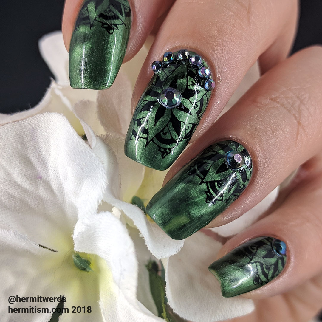 Magnetically Green - Hermit Werds - green magnetic base with black stamping and chameleon black rhinestones on top