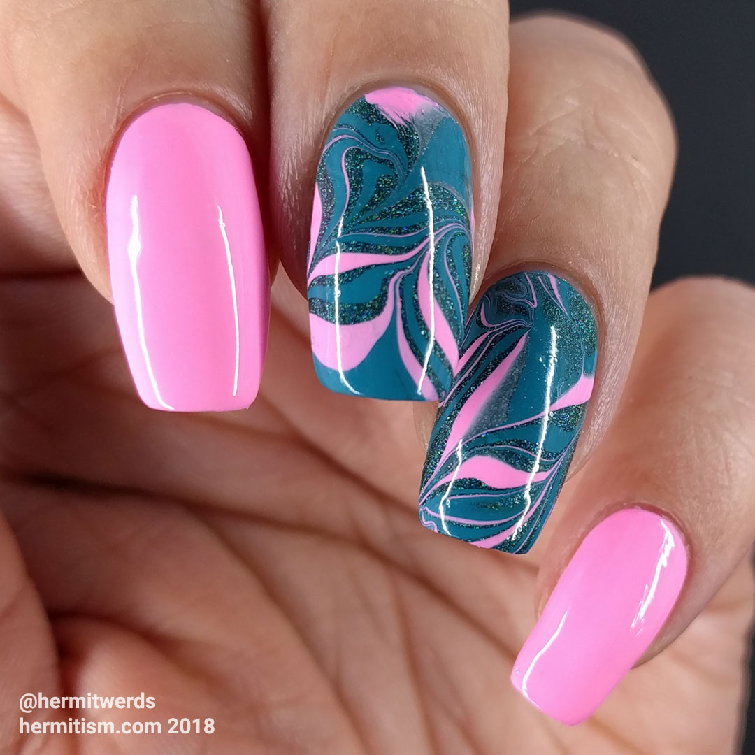 Pink and Teal - Hermit Werds - water marble with pink and teal, including Black Heart's holographic Teal Galaxy