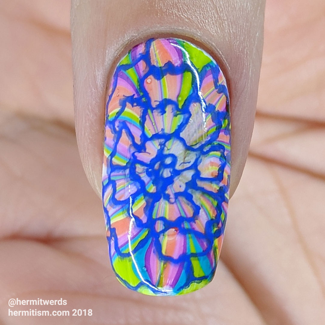 Rainbow In-carnation - Hermit Werds - rainbow water marble with blue carnation stamping on top