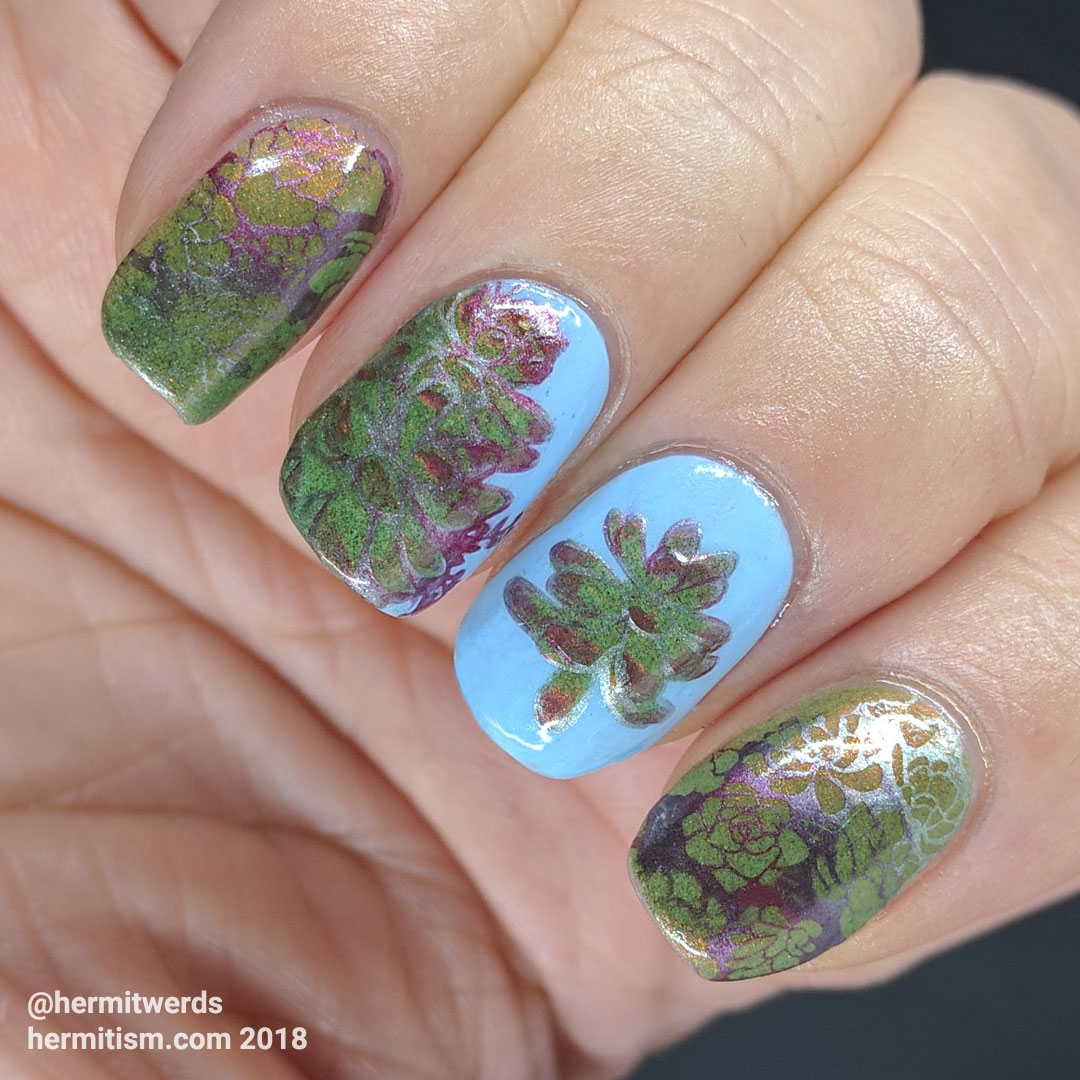 Simple Succulents - Hermit Werds - succulent design with red shimmer, and stamping in metallic red, purple, and green