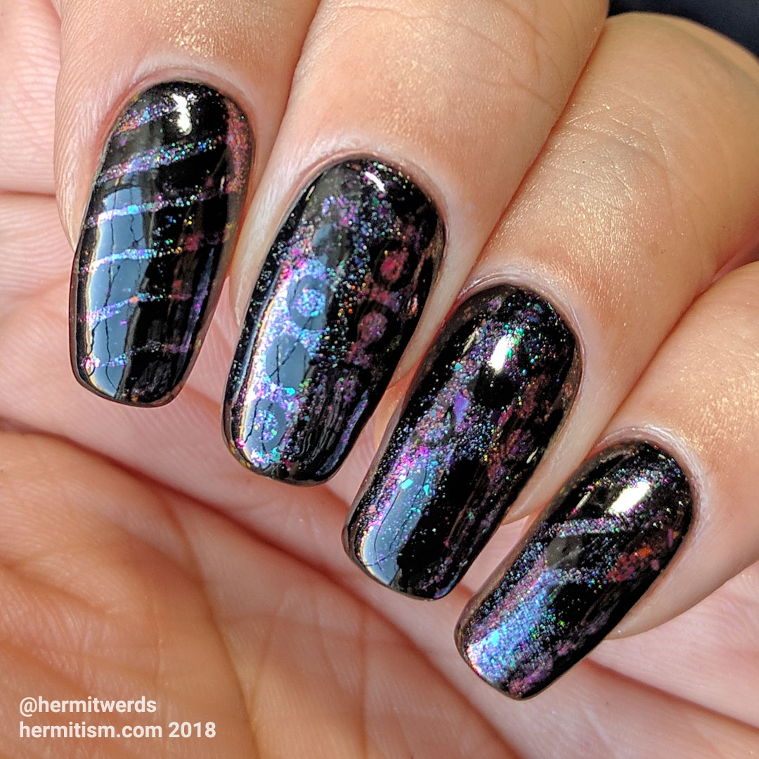 Circles and Lines - Hermit Werds - black gel nails with flakie powder and black stamping in circles and lines