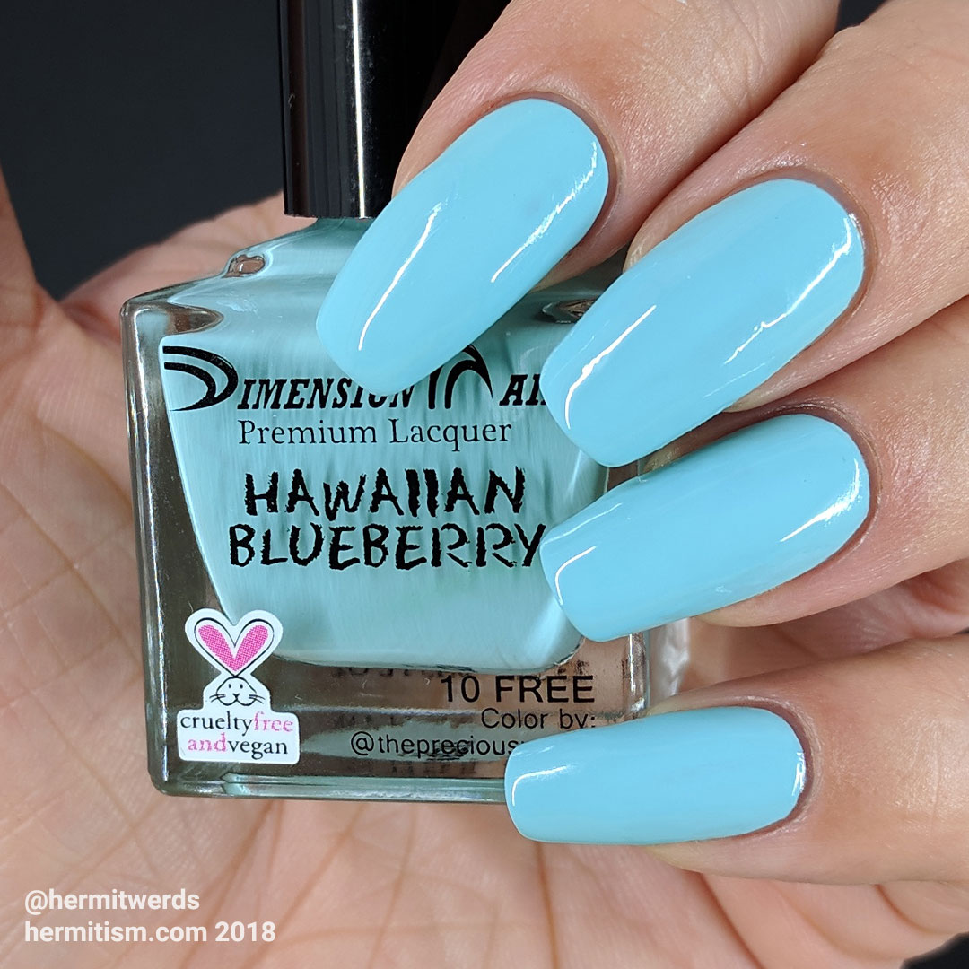 Dimension Nails' "Hawaiian Blueberry" - Hermit Werds - swatch photo of light, bright cyan creme polish